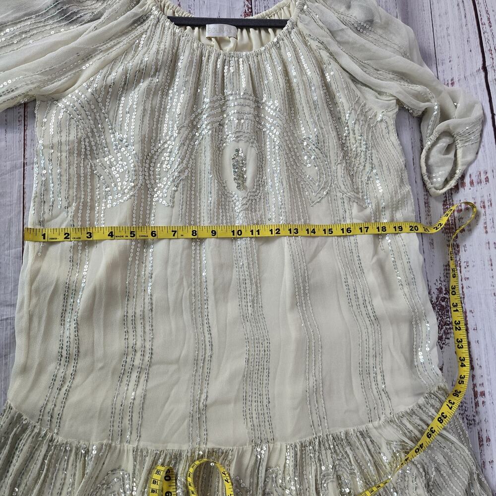Carolina K Sequin Dress M Cream Cottagecore Sheer Sleeve Ruffle Tier Fairy Glam - Picture 11 of 15